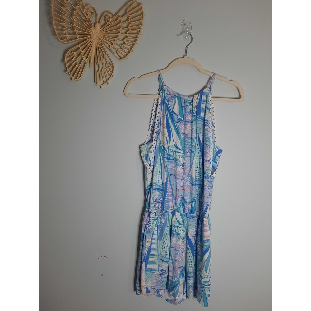 Lilly Pulitzer Smooth Sailing Halter Romper Blue White Eyelet Trim Small